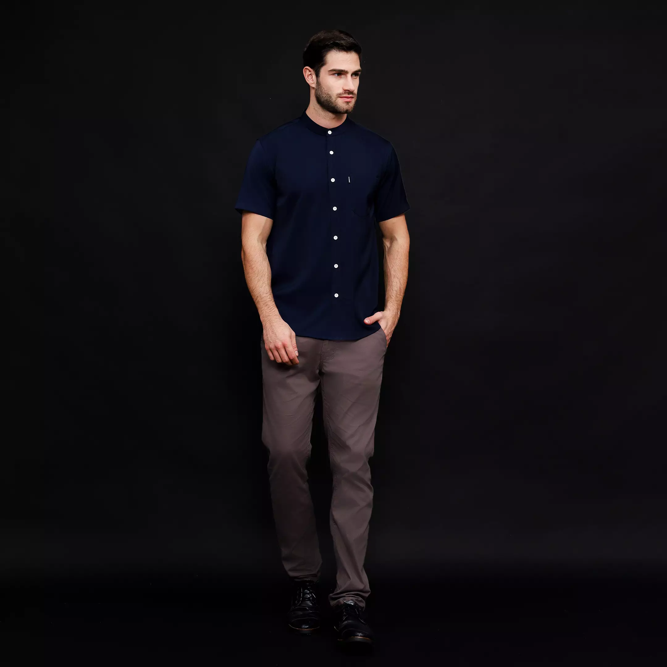 Rayon Shanghai Kemeja Pendek Polos Navy