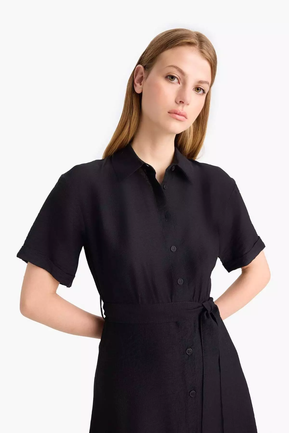 Shirt Collar Belted Short Sleeve Midi Black Summer Dress F2113Ax25Sm