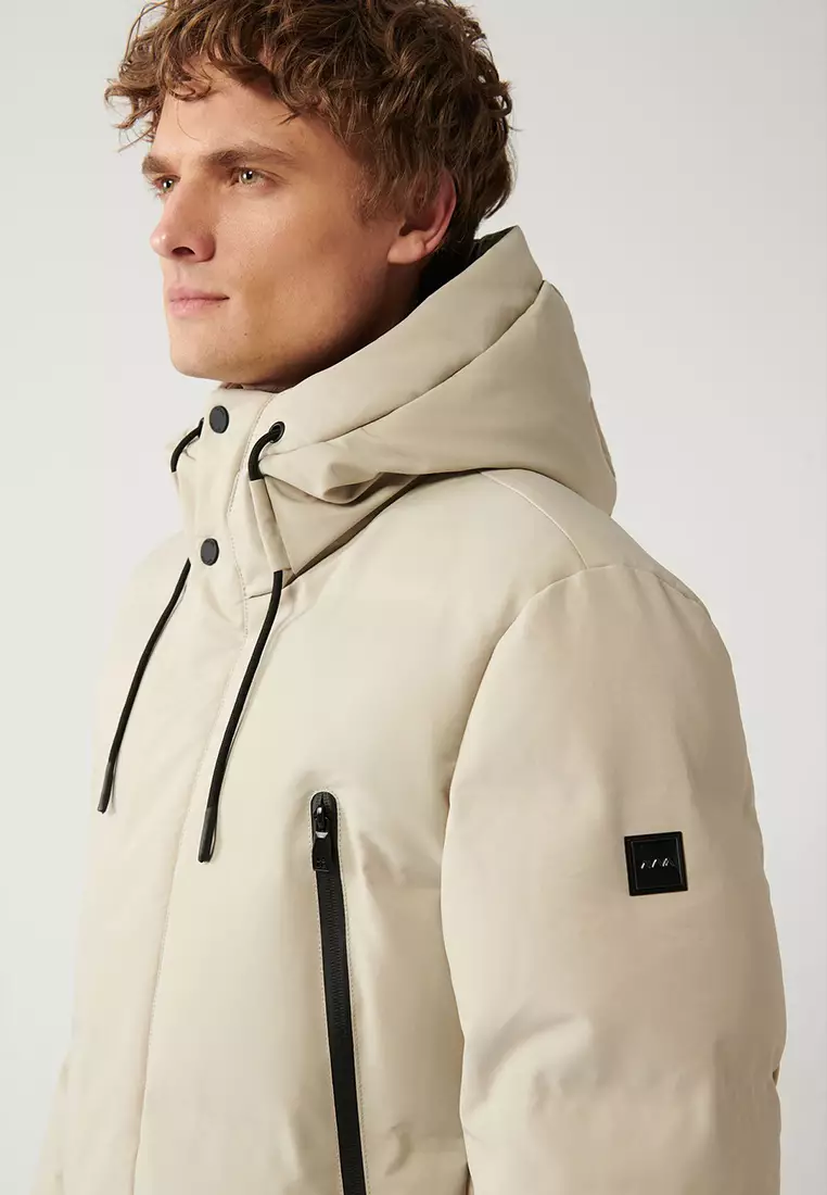 Men's Beige Hooded Goose Feather Water Repellent Long Coat A32Y6047