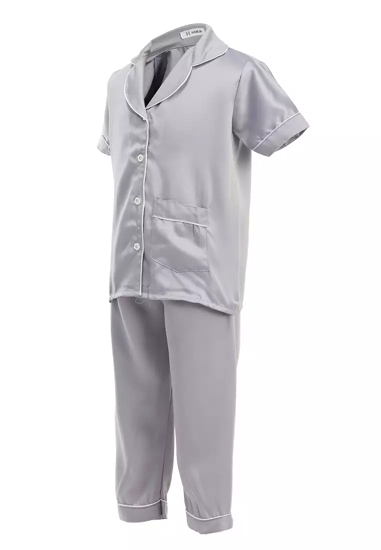 Joyce Piyama Anak Unisex Lengan Pendek Kids Pajamas Motif Polos Material Satin ORIGINAL - Gray