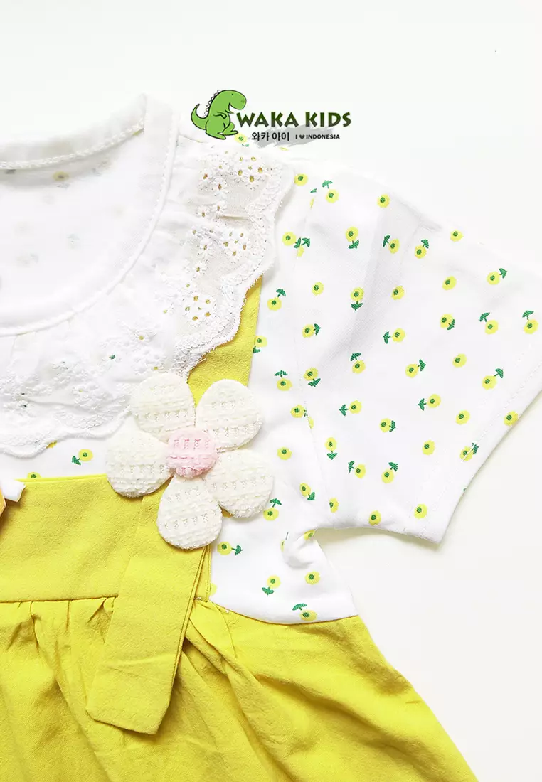 Wakakids Dress Bayi Anak Perempuan Lengan Pendek Katun Flowers Renda 4489 Venrc Akula Hijau