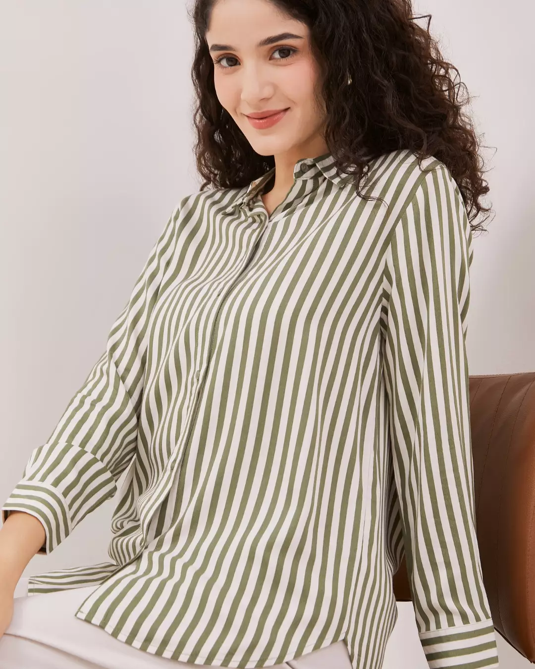 Urban Exchange Lyla Green Stripe Shirt - Atasan Stripe Lengan Panjang Warna Green