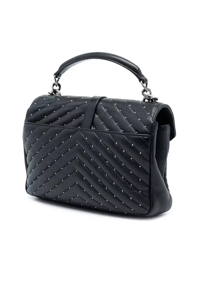 Pre-Loved Saint Laurent Medium Quilted Chevron Studded Sheepskin College Satchel