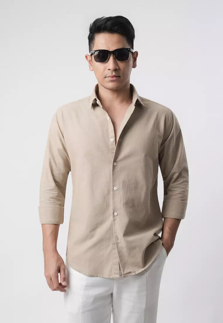 Linen Blend Slim Fit Shirt - Khaki LS
