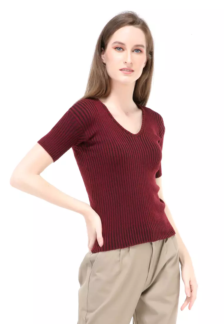 Amora Vneck Rajut Short Sleeves Atasan Casual Wanita - Maroon