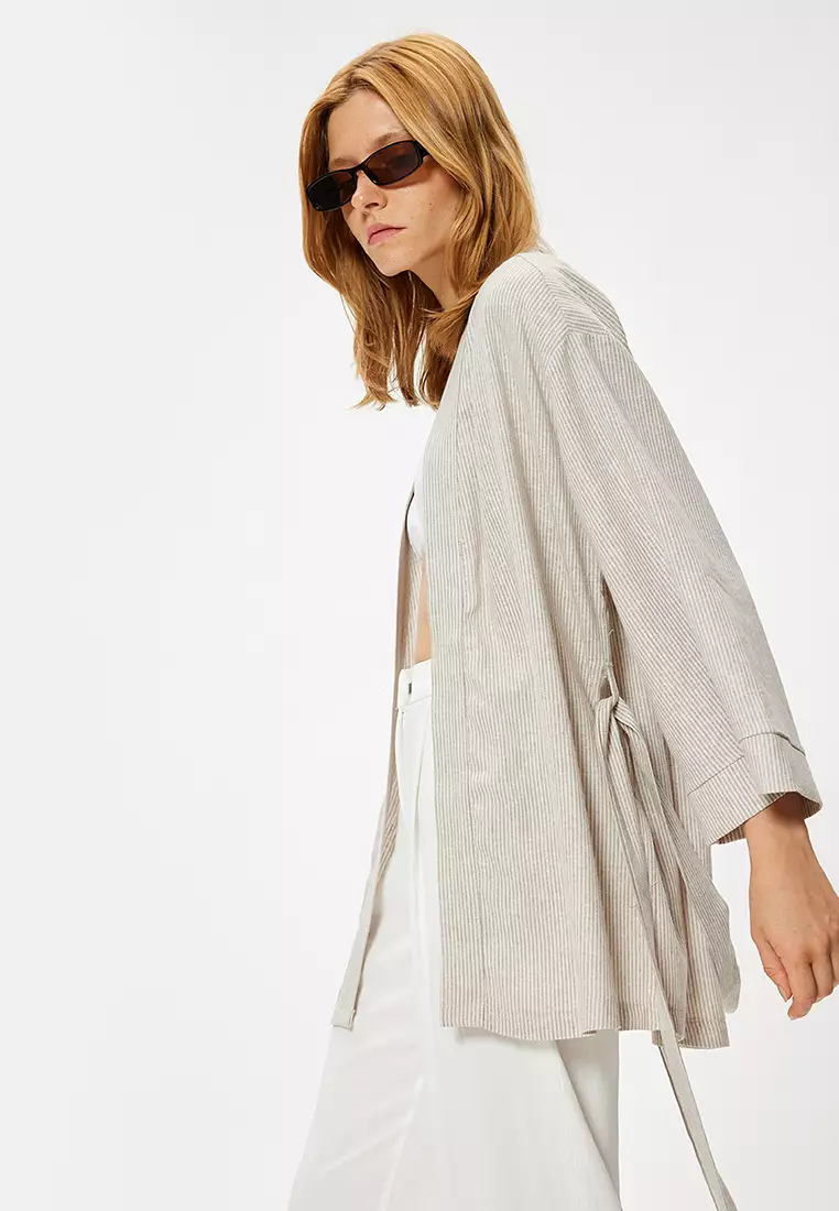 Oversize Linen Kimono Wide Long Sleeve and Belt Detail