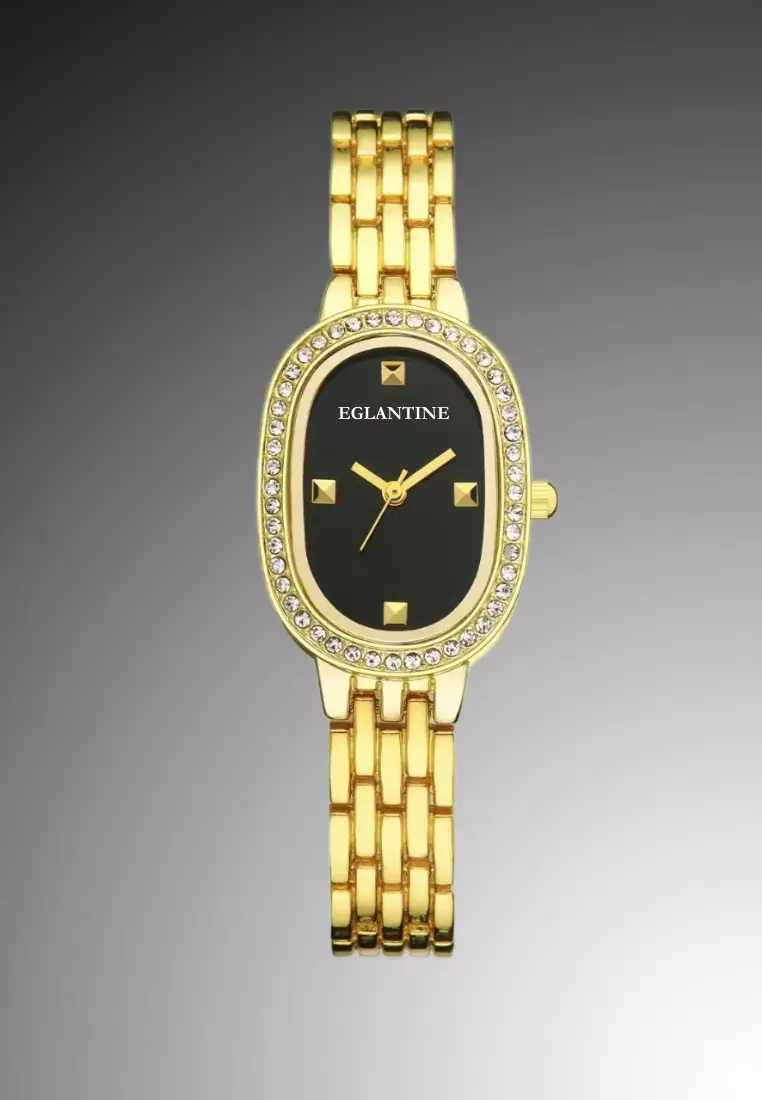 La Niçoise Ladies Gold Color Alloy Quartz Watch, Black Dial, Gold Colored Finished Stainless Steel Bracelet