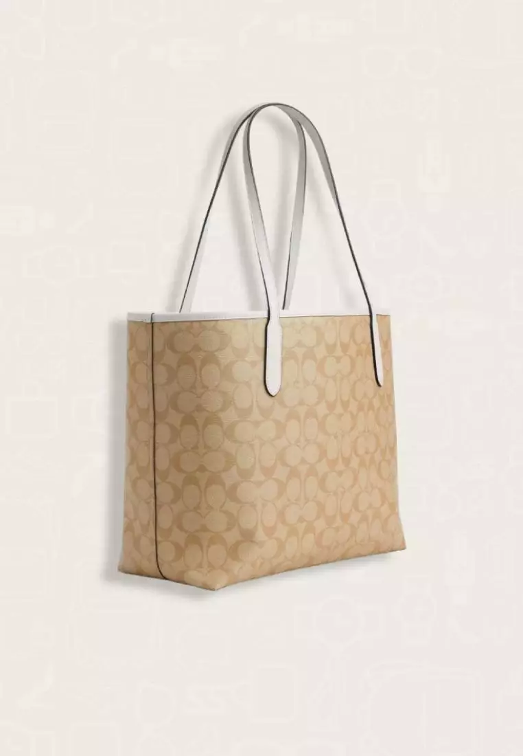 Coach City Tote Bag In Signature Canvas With Heart Print Light Khaki Chalk Multi