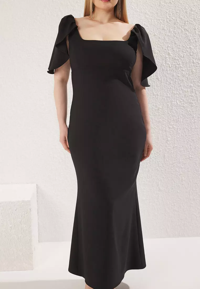 Black Watermelon Sleeve Maxi Woven Party Plus Size Dress Tbbss25Ah00148