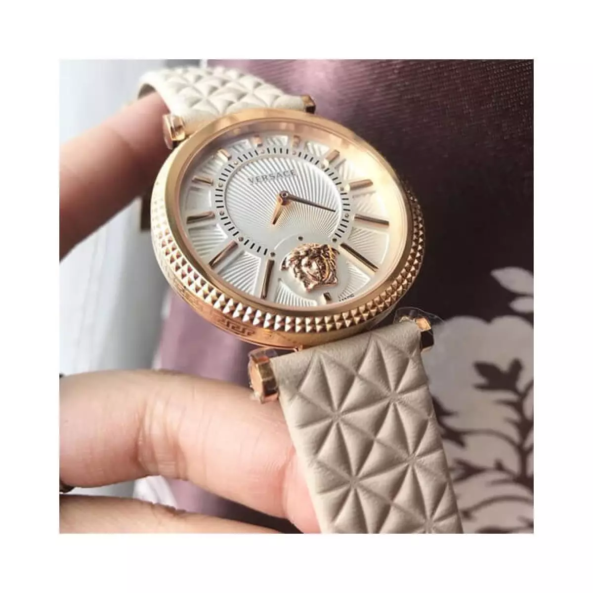 Versace Watch V‑Helix Rose Gold Cream Leather Stainless Steel (Swiss Made)