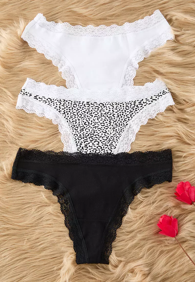 Black-White-Leopard 3-Pack Cotton Lace Thong Knitted Panties