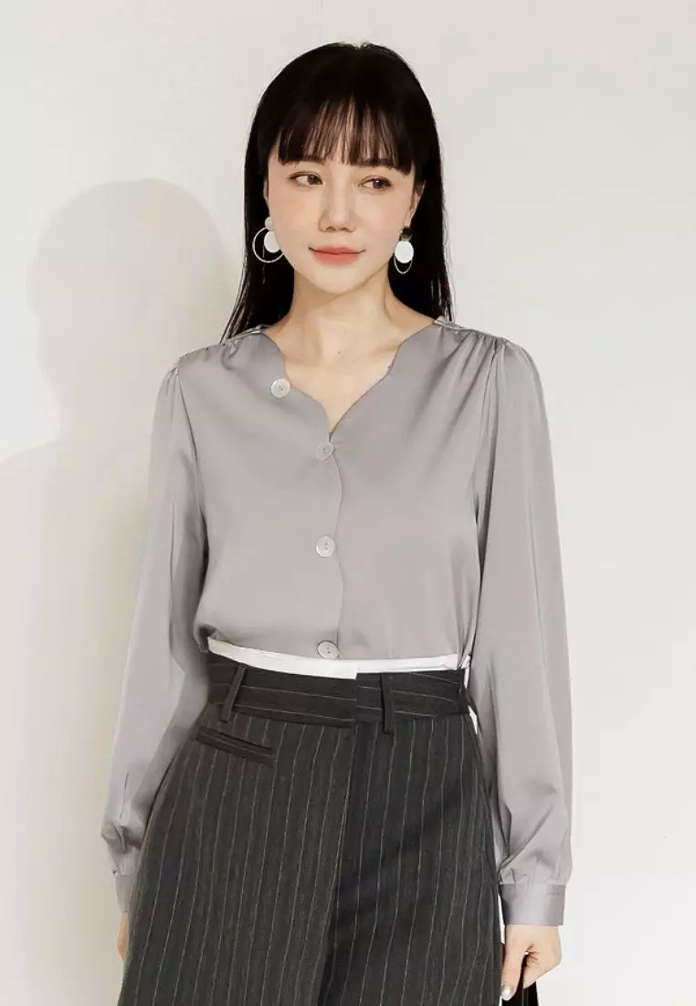 Buy OBSTYLE Long-Sleeve Shirt with Subtle Sheen and Wavy Collar ...