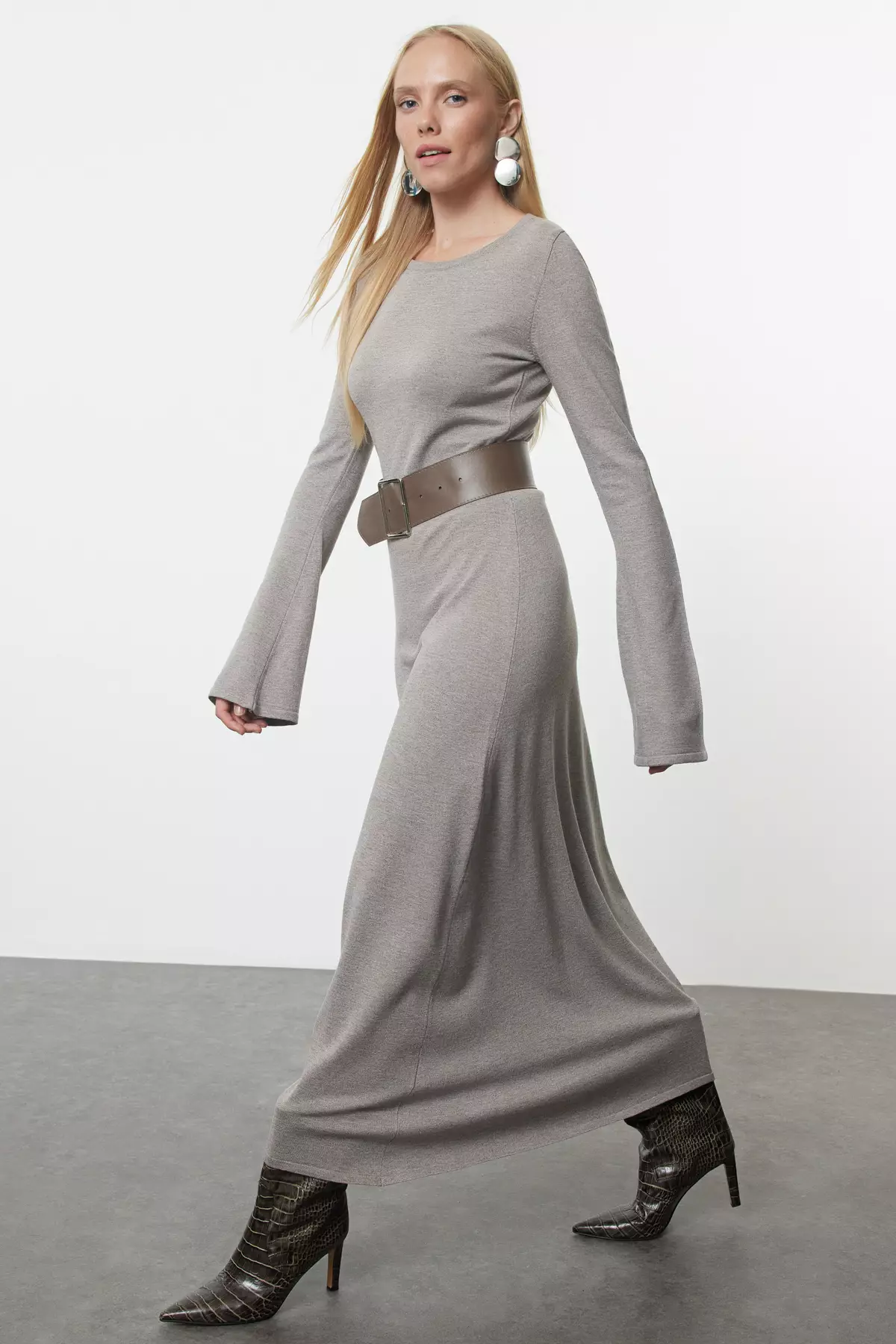 Mink Mercerized Look Premium/Special Yarn Midi Knitwear Belt Dress