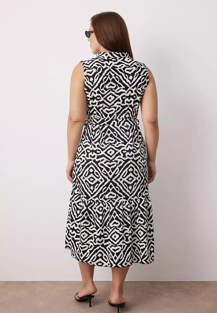 Black Geometric Printed Zero Sleeve V Neck Skirt Ruffled Midi Knitted Dress
