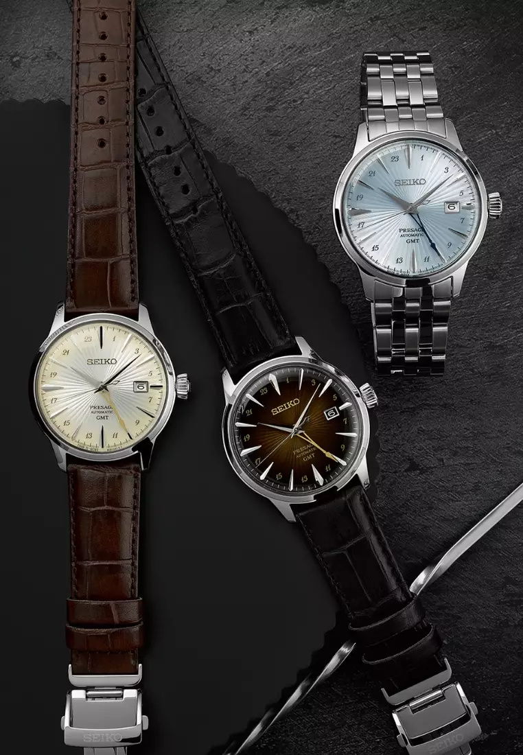 Seiko Presage ‘Rusty Nail’ Cocktail Time GMT Graduated Brown Dial Black  Leather Band Automatic Watch SSK039J1