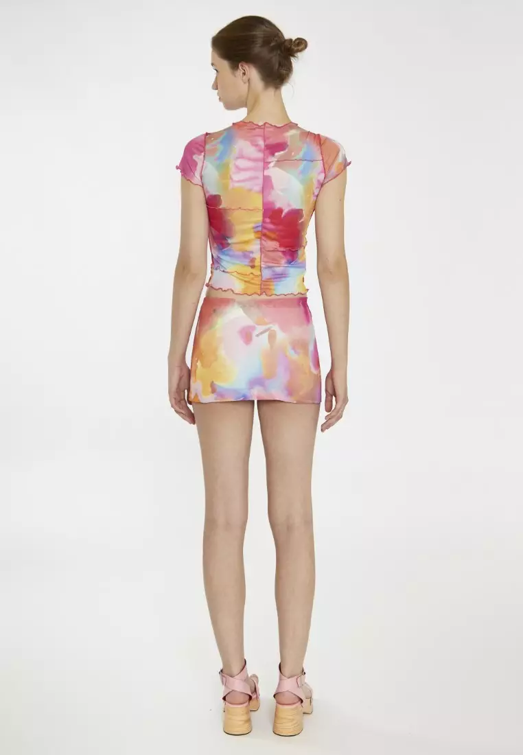 Multi Watercolour Flower Exposed Seam T-Shirt