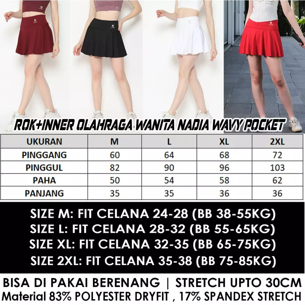 Fitwear - [SKORT] Rok Tennis + Inner Olahraga Wanita NADIA WAVY POCKET - CHILLI RED