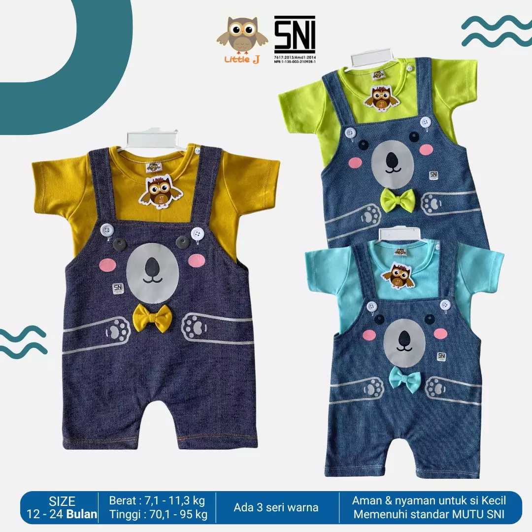 Little J Denim Bear Pita and Bodysuit Set - Set Terusan Bayi Laki-laki (Hijau)