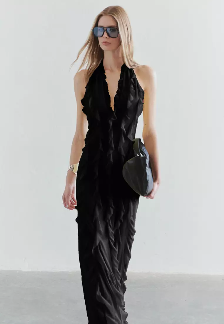 Limited Edition Black Ruffled Lined Tulle Evening Prom Dress TPRSS25AE00063