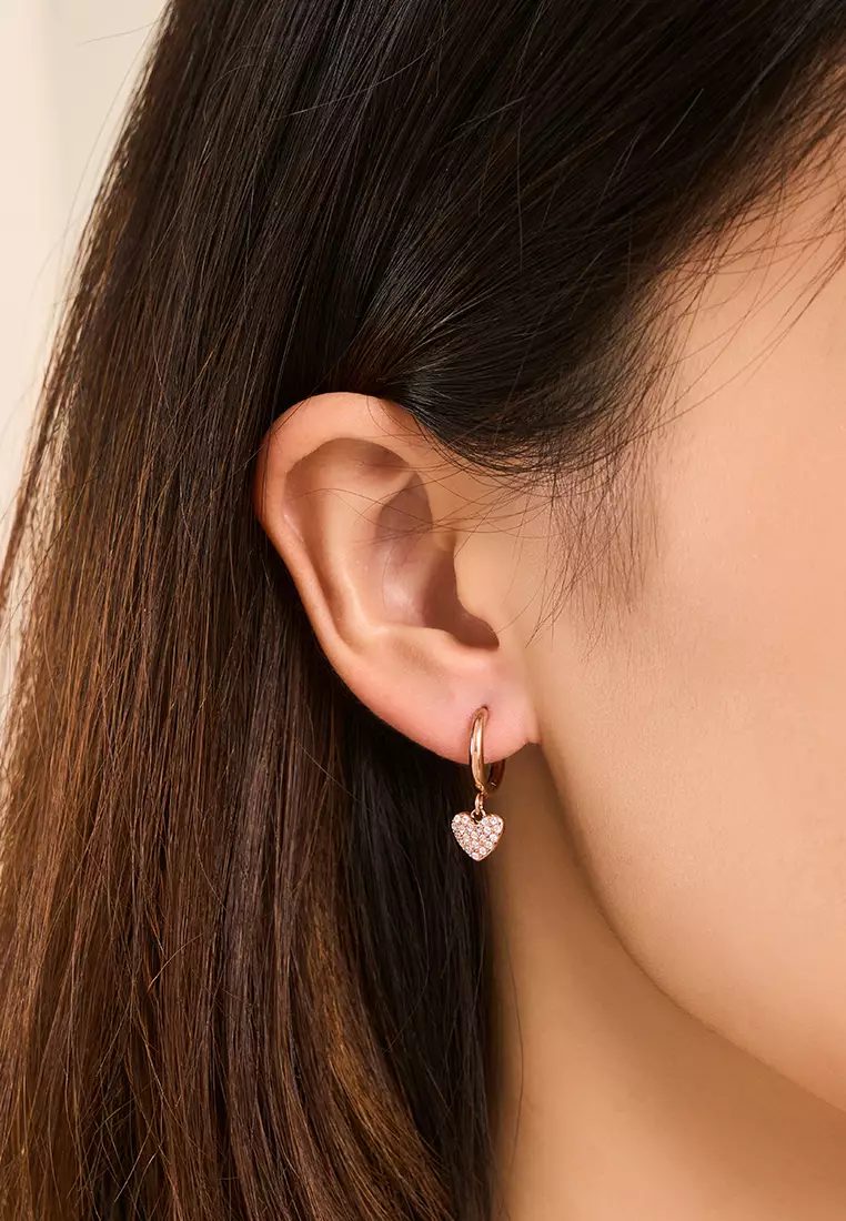 Lovia Heart Pavé Drop Hoop Earrings in Rose Gold