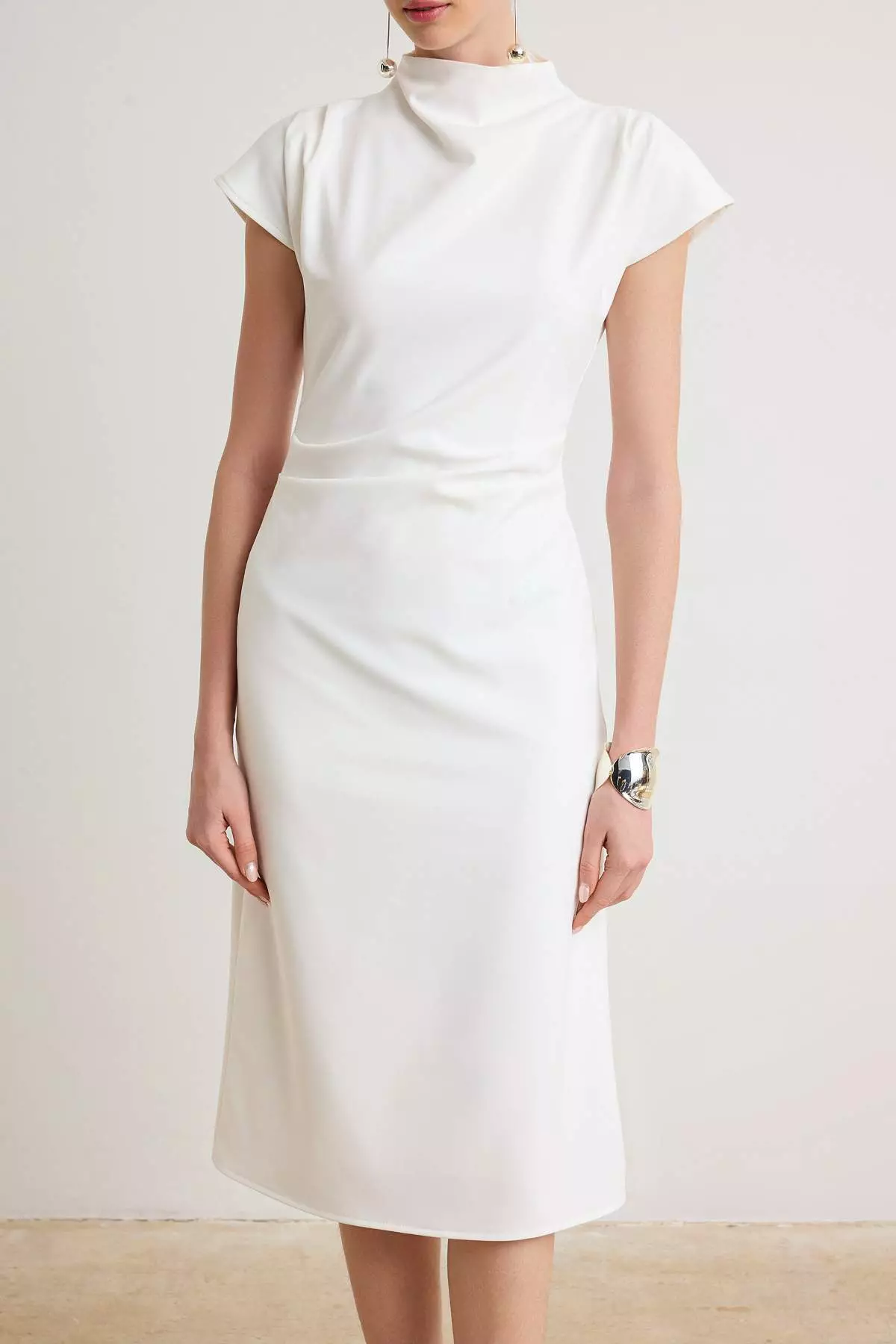 Ecru Plain A-Line Shirred / Draped Midi Woven Dress Twoaw25El00393