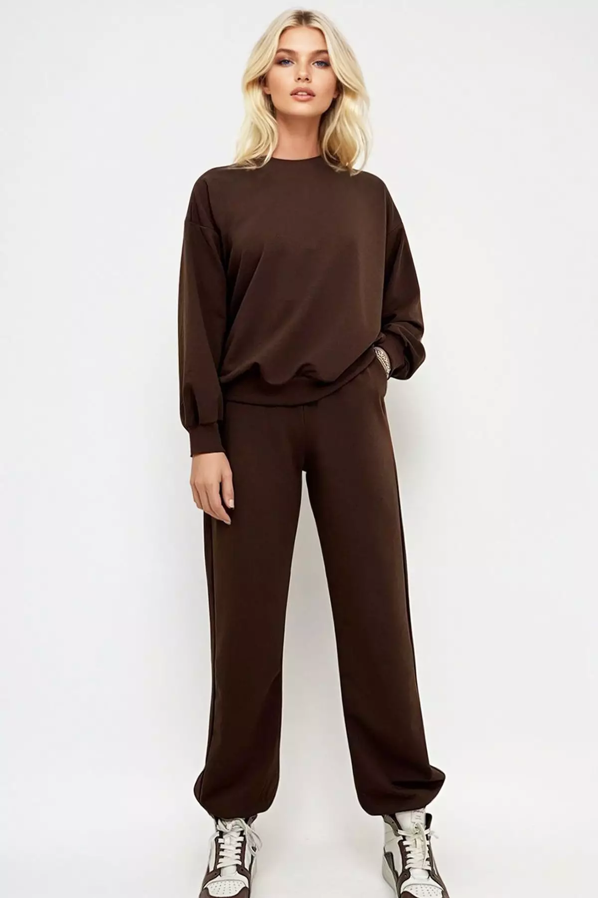 Women's Brown Bike Neck Elastic Waist and Leg Basic Tracksuit