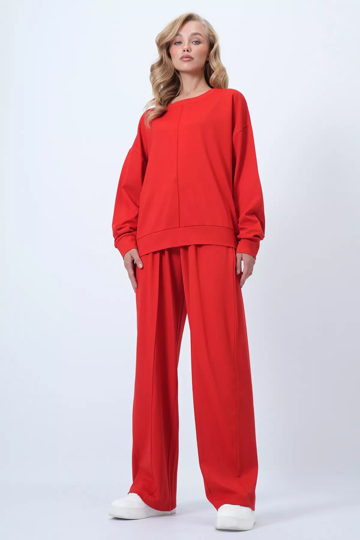 Red Crew Neck Blouse With Ribbed Front And Double Pocket Trousers Set Alc-X14543