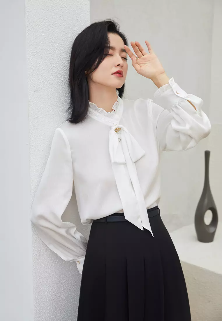 Long Sleeve Ruffle Collar Shirt with Bow Tie