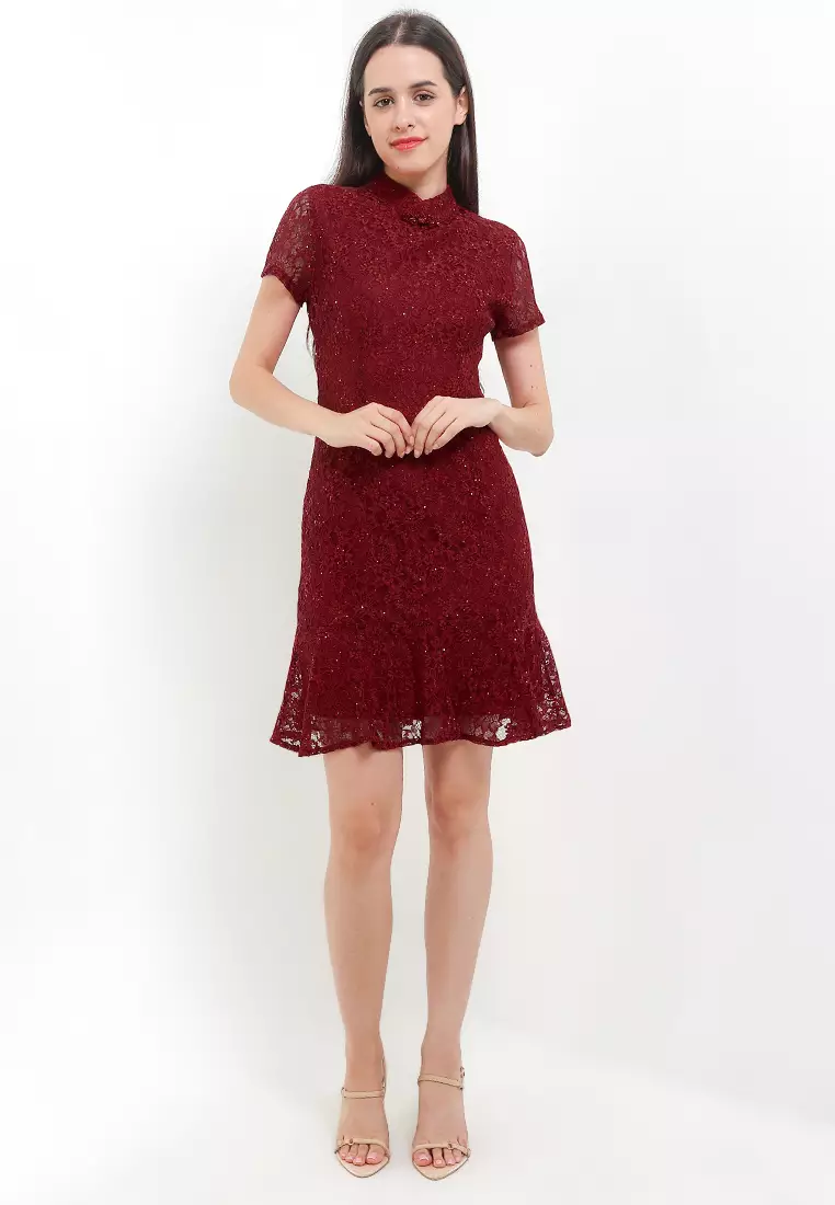 Ruffle Hem Beaded Lace Qipao Dress