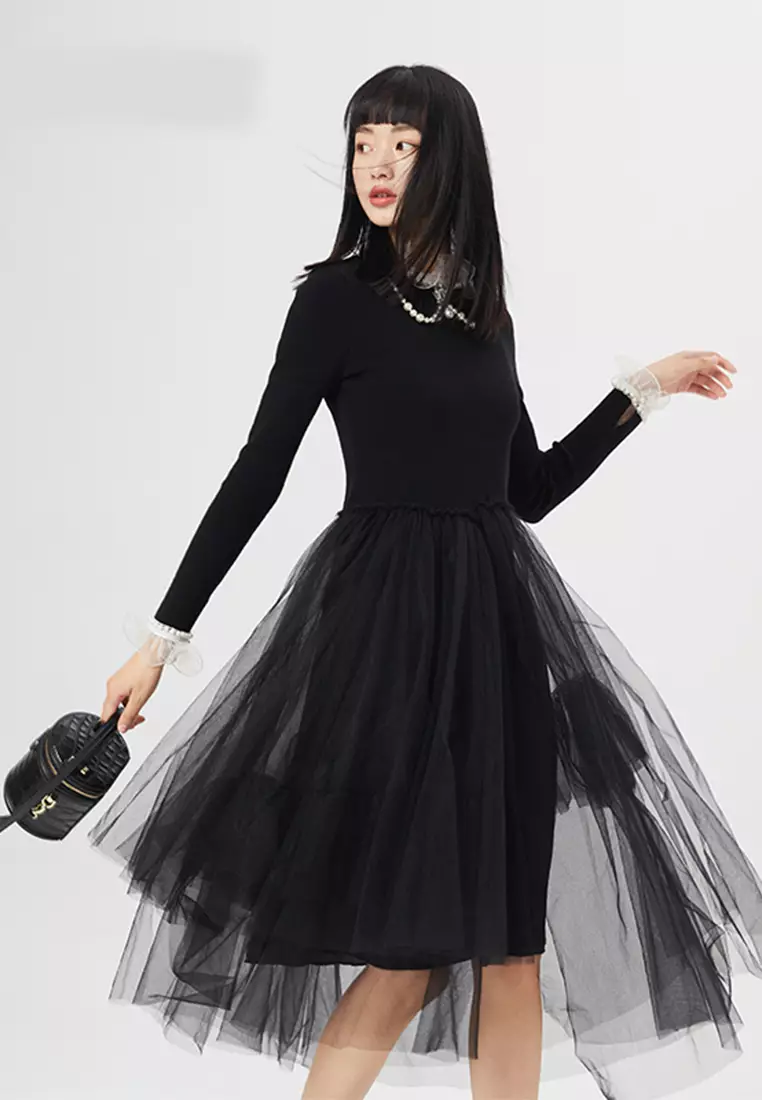 Asymmetric Mesh Spliced Knit Midi Dress