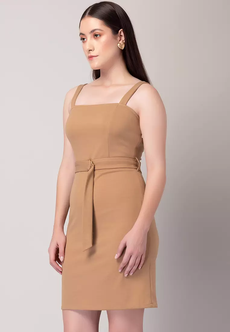 Beige Sleeveless Bodycon Dress With Belt