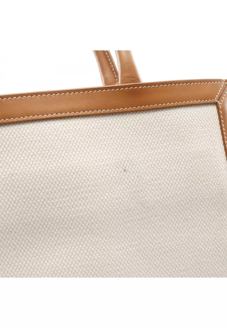 Pre-Loved Celine Small Vertical Hippopotamus Handbag tote bag canvas leather off white light brown 2WAY