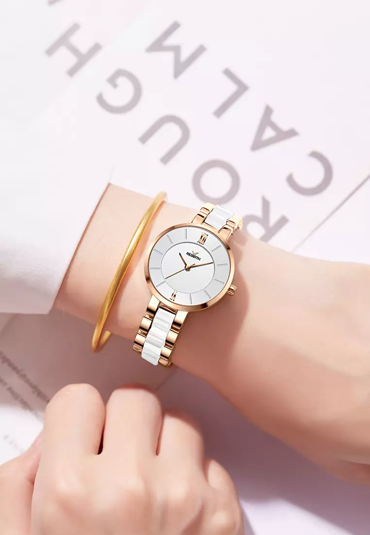 Jam Tangan Wanita Anti Air Original Korea Elegan Kuarsa Tali Keramik Jam Tangan Cewek rosewhite