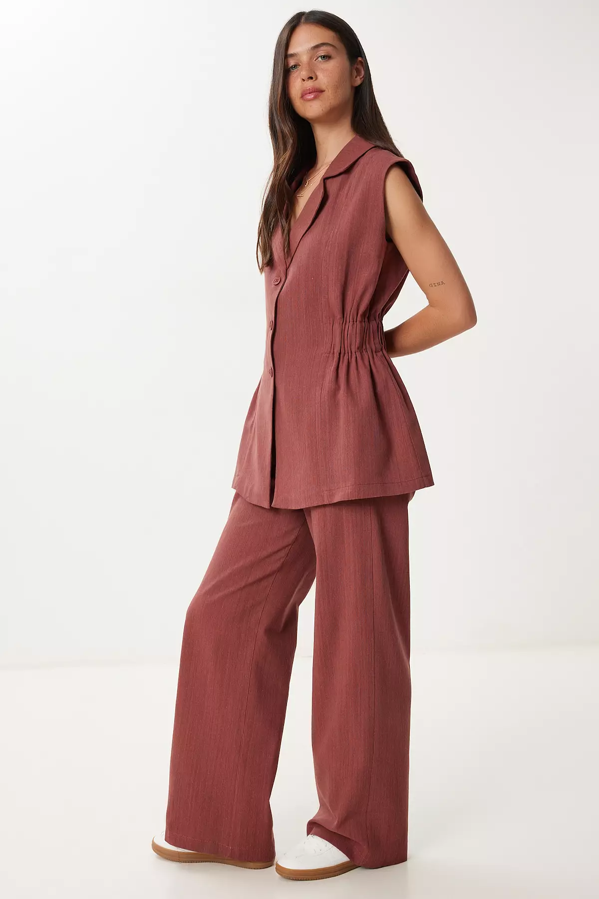 Buy Happiness Istanbul Women's Burgundy Linen Vest Pants Suit