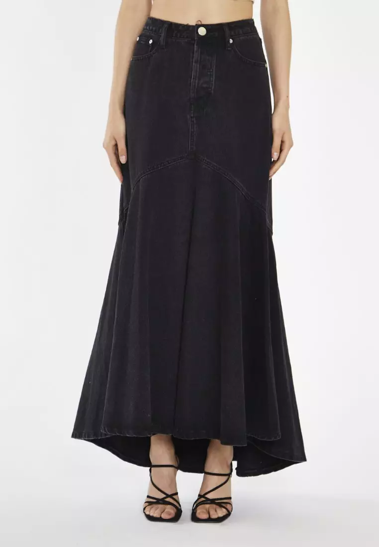 Washed Black Denim Fishtail Maxi-Skirt