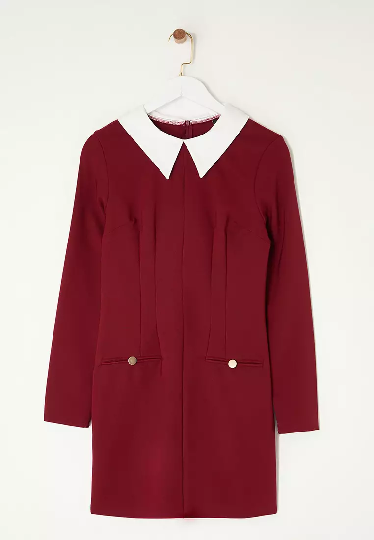 Burgundy Collar Detailed Woven Dress TWOAW24EL00298