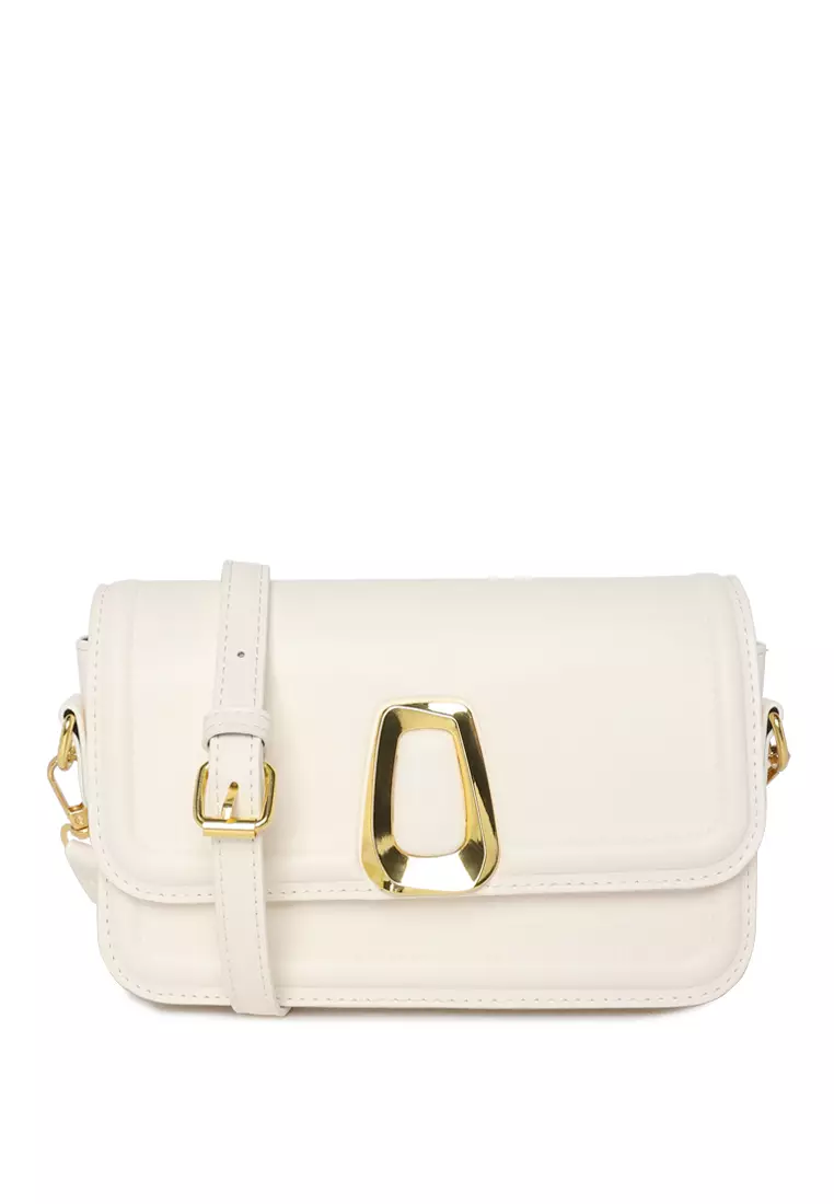 Classic Gold Buckle Flap Bag in White