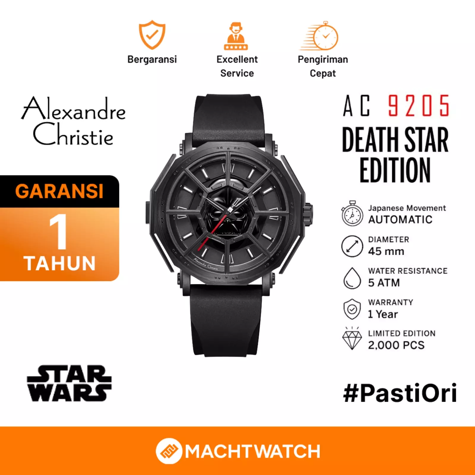 Jam Tangan Pria Alexandre Christie X Star Wars AC 9205 MH RDV-1 Darth Vader Edition Black Rubber Limited Edition