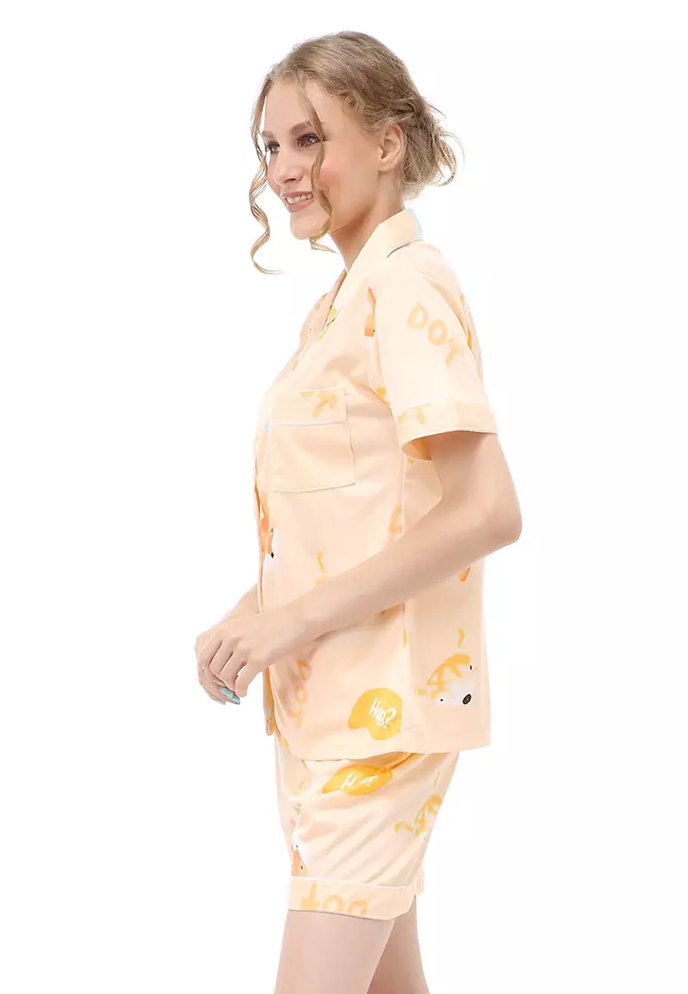 Vance Setelan Piyama Baju Tidur Wanita Celana Pendek Motif Fox Material Spandex ORIGINAL - Orange