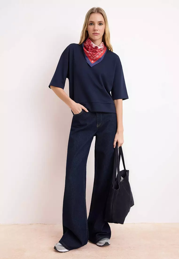 Navy Blue Oversize/Wide Fit Low Sleeve Three Quarter Soft Touch Knitted T-Shirt Twoss26Ts182