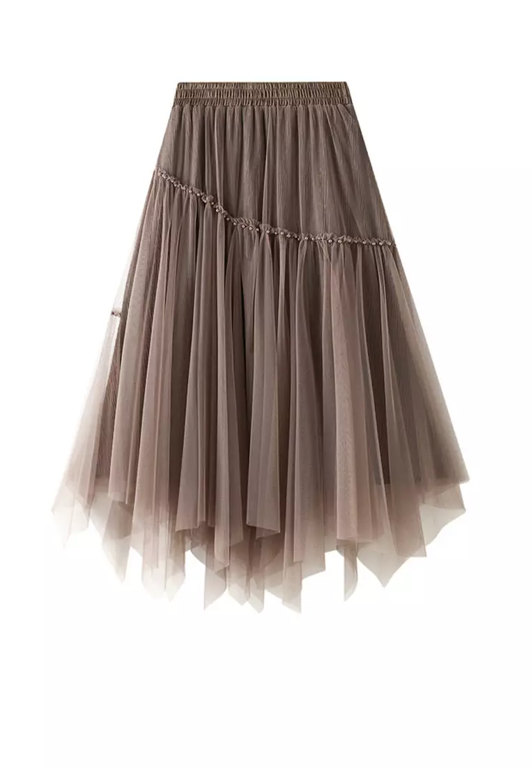 Lace & beads tulle midi outlet skirt with 3d shirring detail