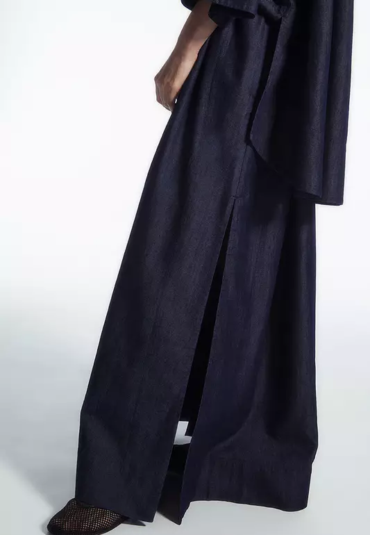 Gathered Denim Maxi Skirt