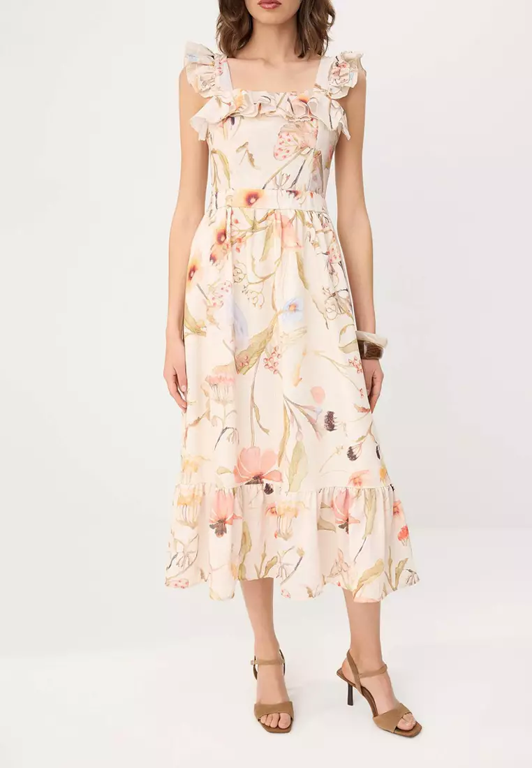 Cream Floral Midi Woven Dress Twoss26El861