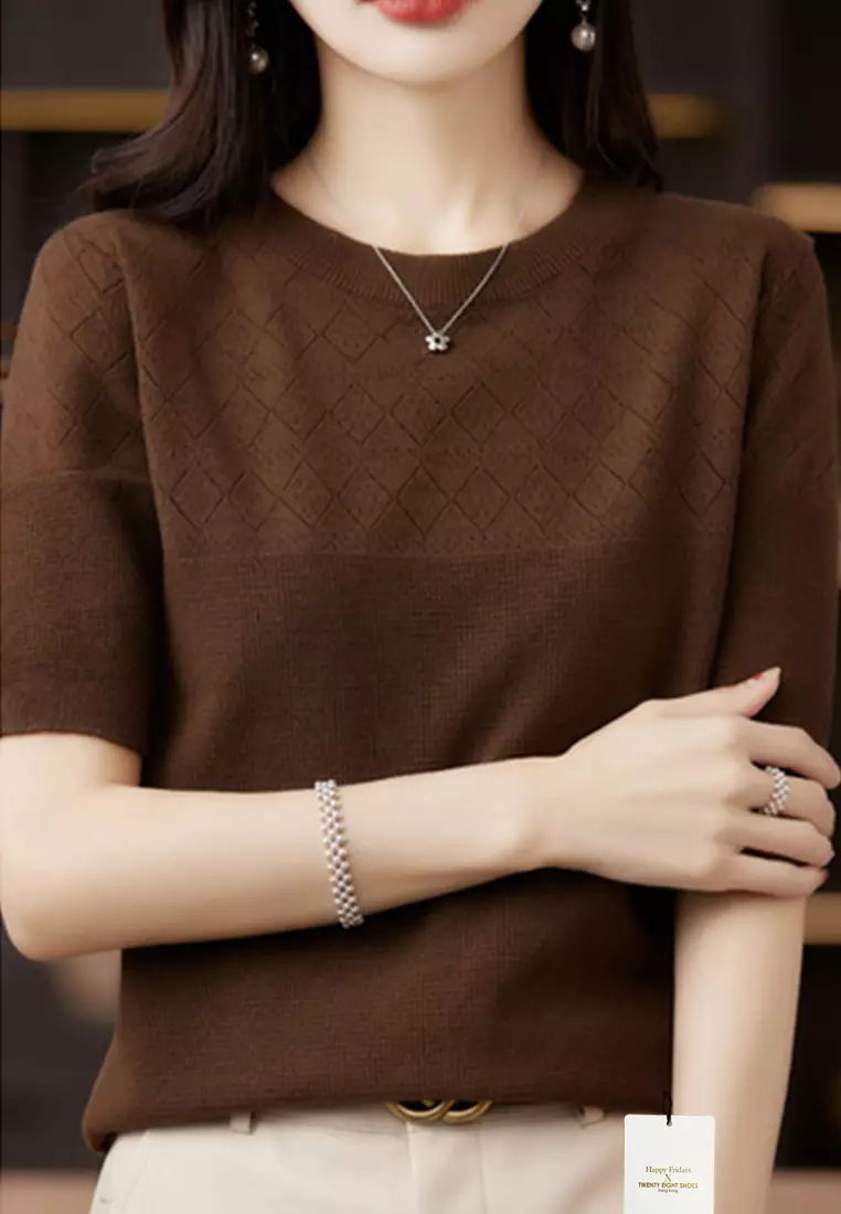 Rhombus Hollow Out Pattern Short Sleeve Knit Top JW QT-291