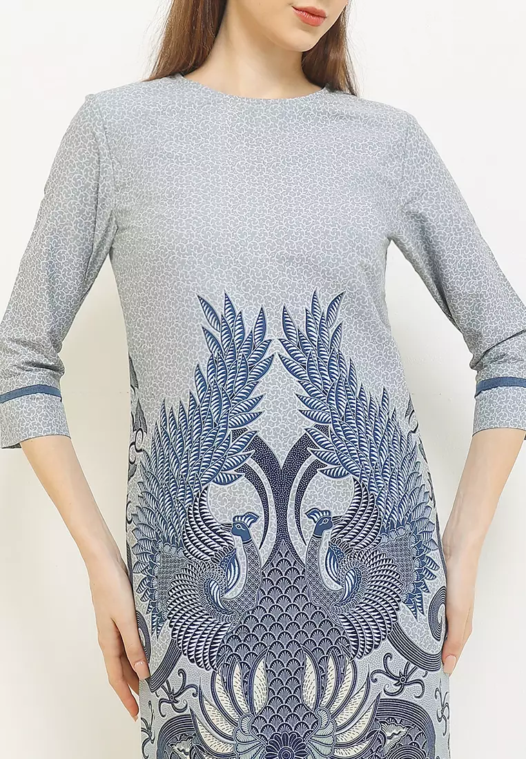 Dress Tunik Batik Wanita Furing Lining Zikia New Grey Lengan 7/8