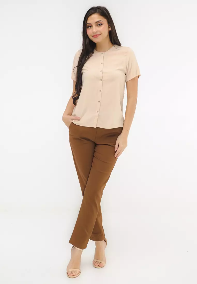 Woven Plain Rayon Short Sleeves Blouse
