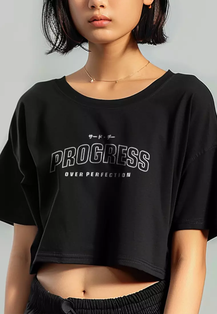 LTH08 Kaos Crop Top Wanita "progress" OLC  hitam
