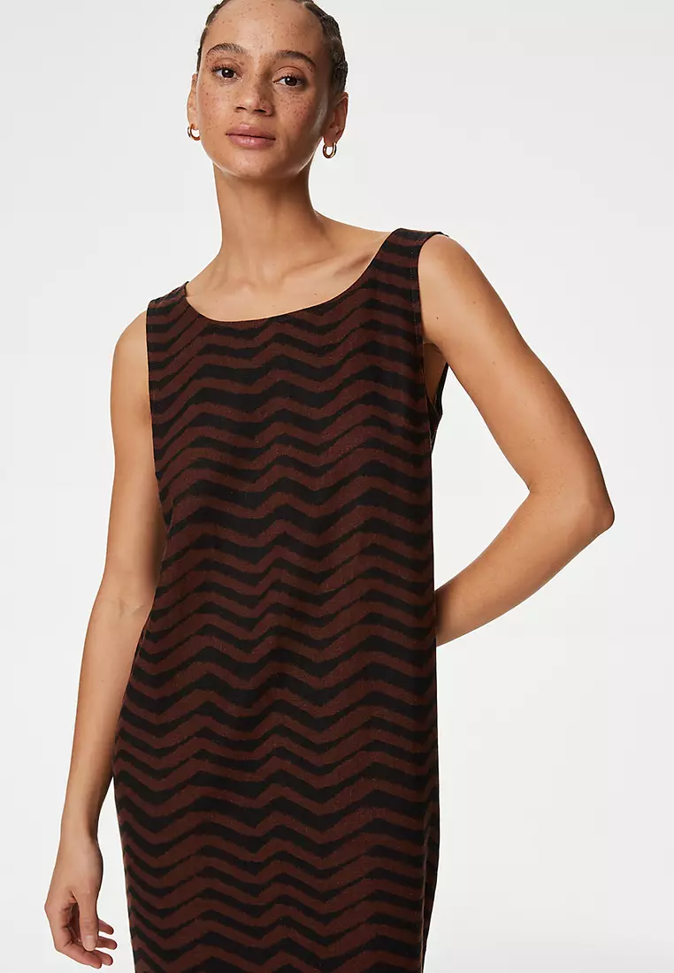 Linen Rich Printed Round Neck Shift Dress