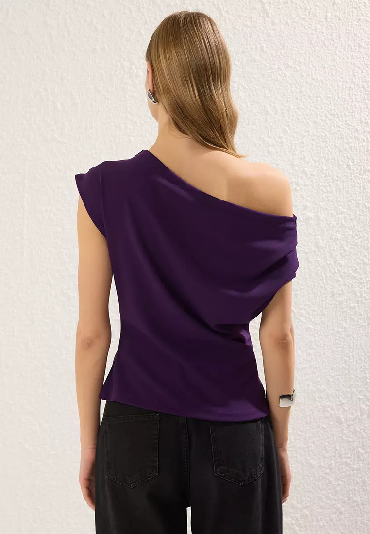 Purple Gathered/Draped Detailed Flowy Asymmetric Collar Knitted Blouse TWOSS25BZ00024