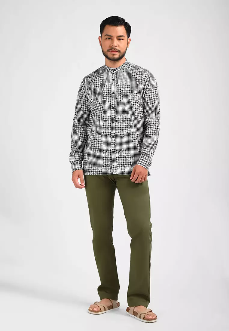 MANZONE Kemeja Shanghai Pria Lengan Panjang Pria ARYAN - White Blue Warna WHITE BLACK